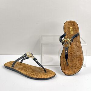 Michael Kors Sandals Womens 7 Black Gold Cork Jelly Thong Flip Flop Logo Slides